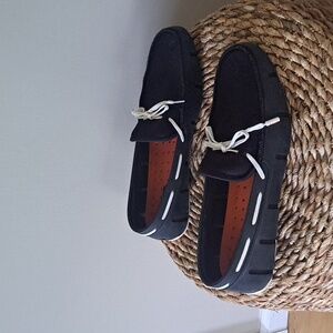 SWIMS Mens‎ Black Rubber/Mesh Fabric Mocassin Loafers White Woven Laces S-11